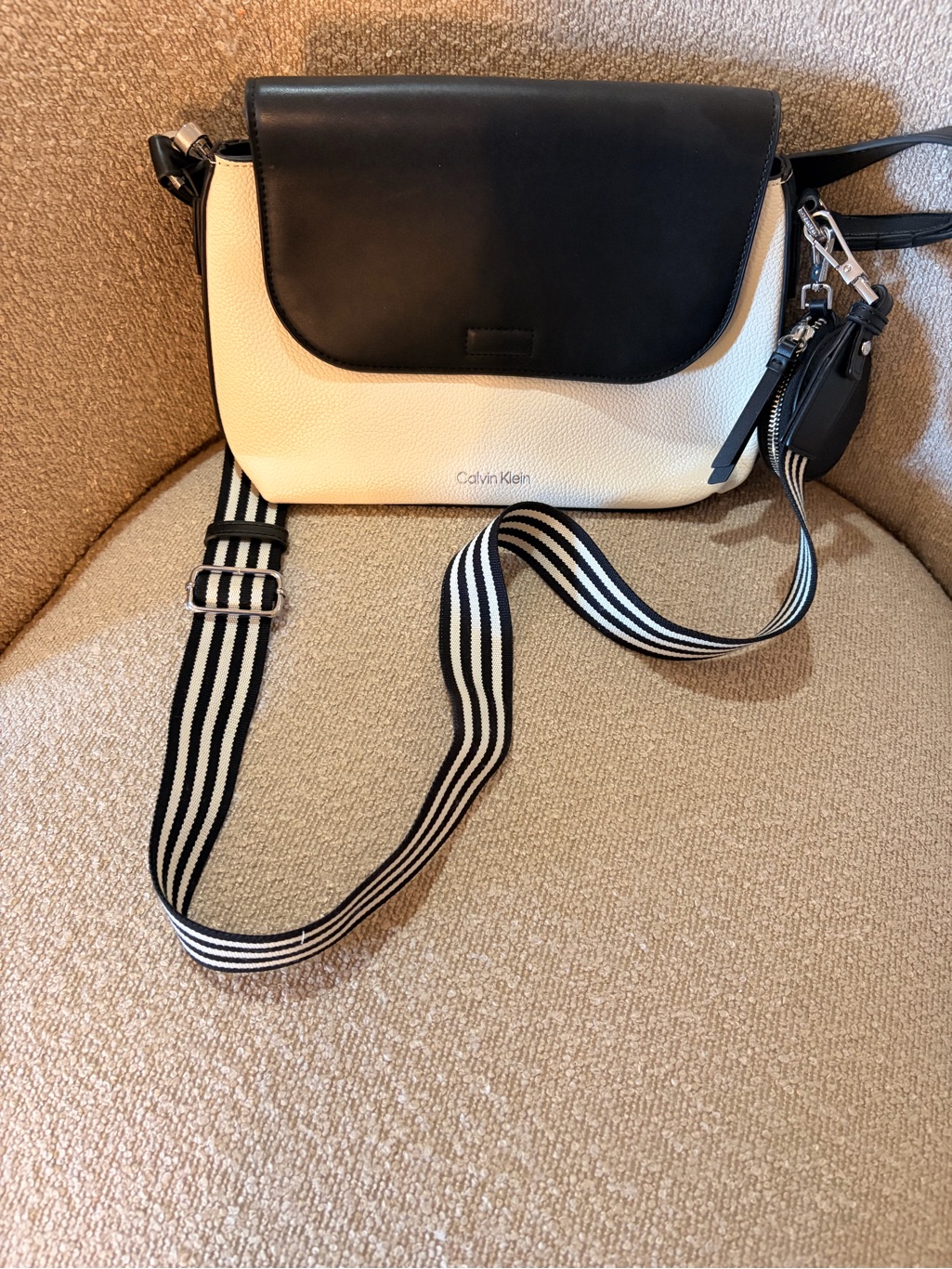 Calvin Klein Black & Cream Crossbody With Striped Strap